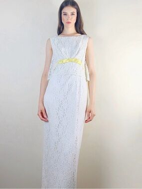 Vintage 60s White Lace Maxi Dress with Pale Yellow Bow